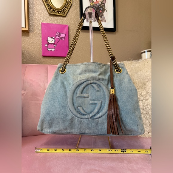 GUCCI SOHO DENIM Shoulder Bag Tote Brown Leather Tassel & Gold Hardware - Picture 3 of 16